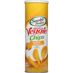 Sensible Portions Garden Veggie Chips cheddar cheese packaging featuring real veggies.