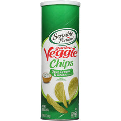 Sensible Portions stacked garden veggie chips in sour cream and onion flavor in a bag, crisp snack.