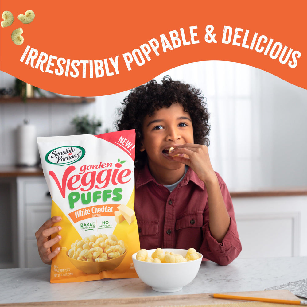 Sensible Portions Veggie Puffs gluten-free seal visible on packaging.