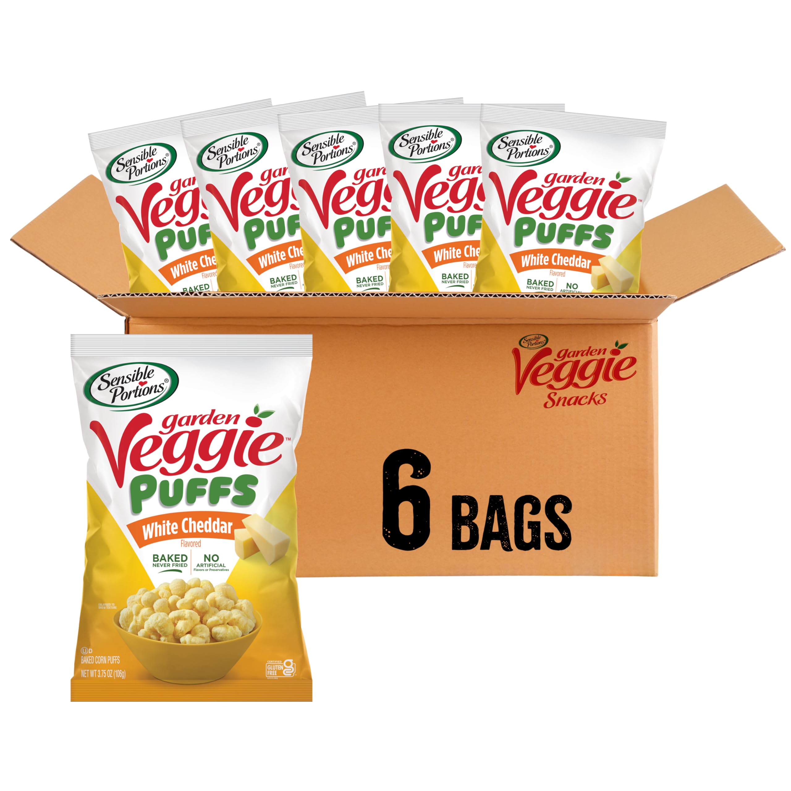 Sensible Portions Veggie Puffs white cheddar bag, gluten-free and kid-friendly.