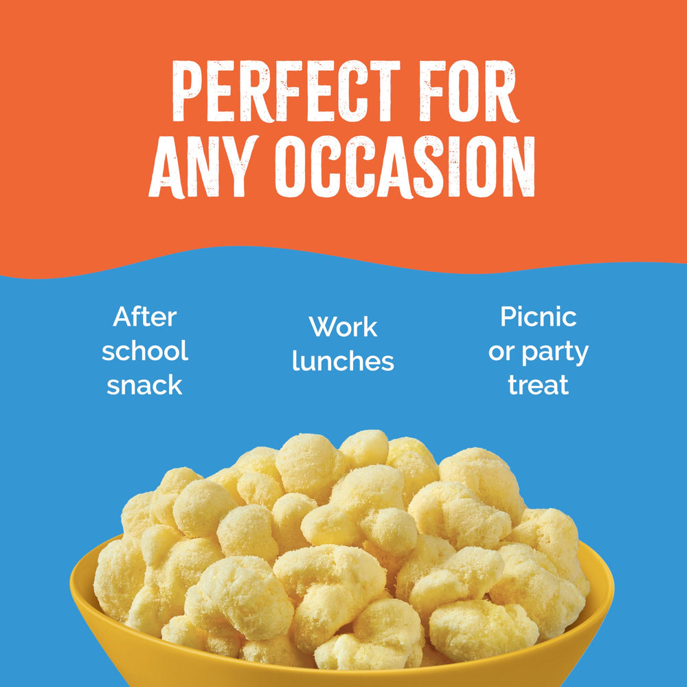 Sensible Portions Veggie Puffs in a lunchbox scene, kid-friendly snack.