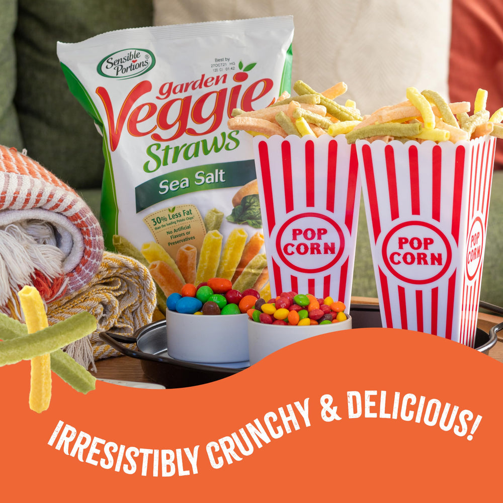 Sensible Portions Veggie Straws 0g cholesterol 0g trans fat claim appears on packaging.