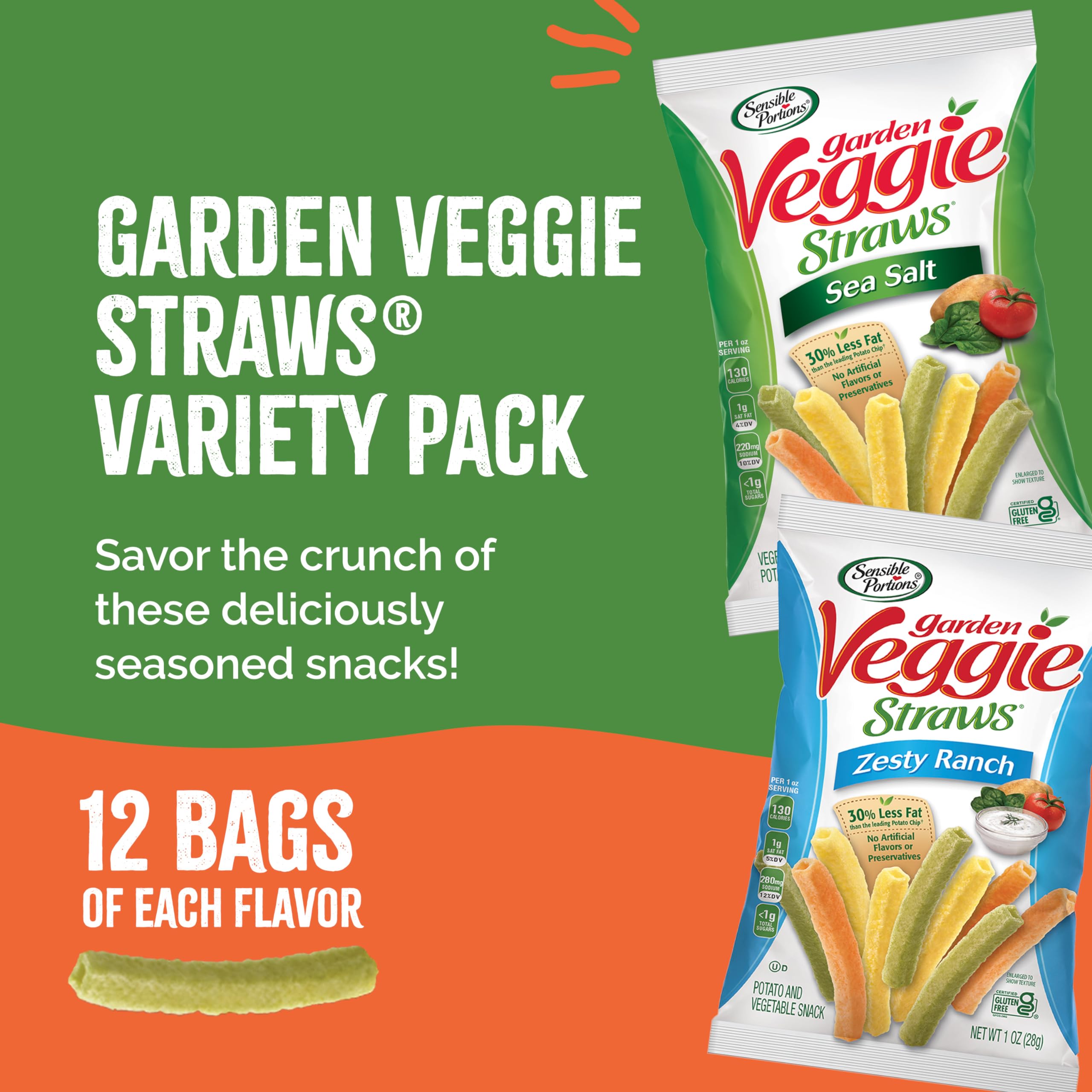 Sensible Portions Veggie Straws close-up – light, crispy texture ideal for snacking on the go.