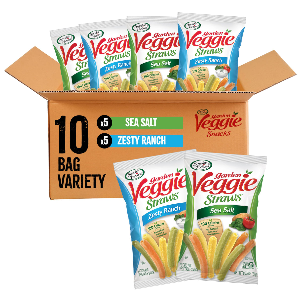 Sensible Portions Veggie Straws Sea Salt front bag showing craveable crunch