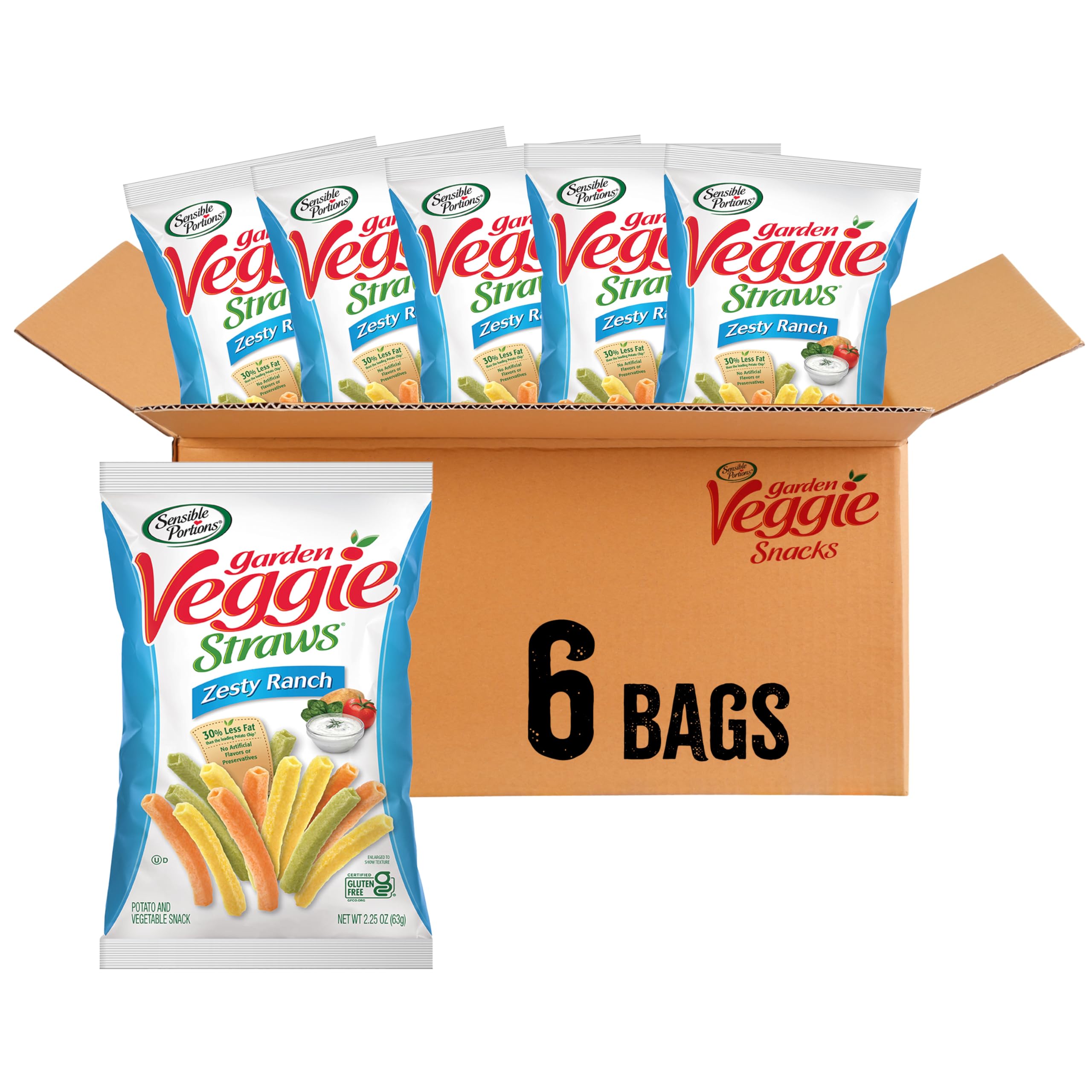 Sensible Portions Veggie Straws Zesty Ranch bag shows a crunchy gluten-free snack for on-the-go enjoyment.