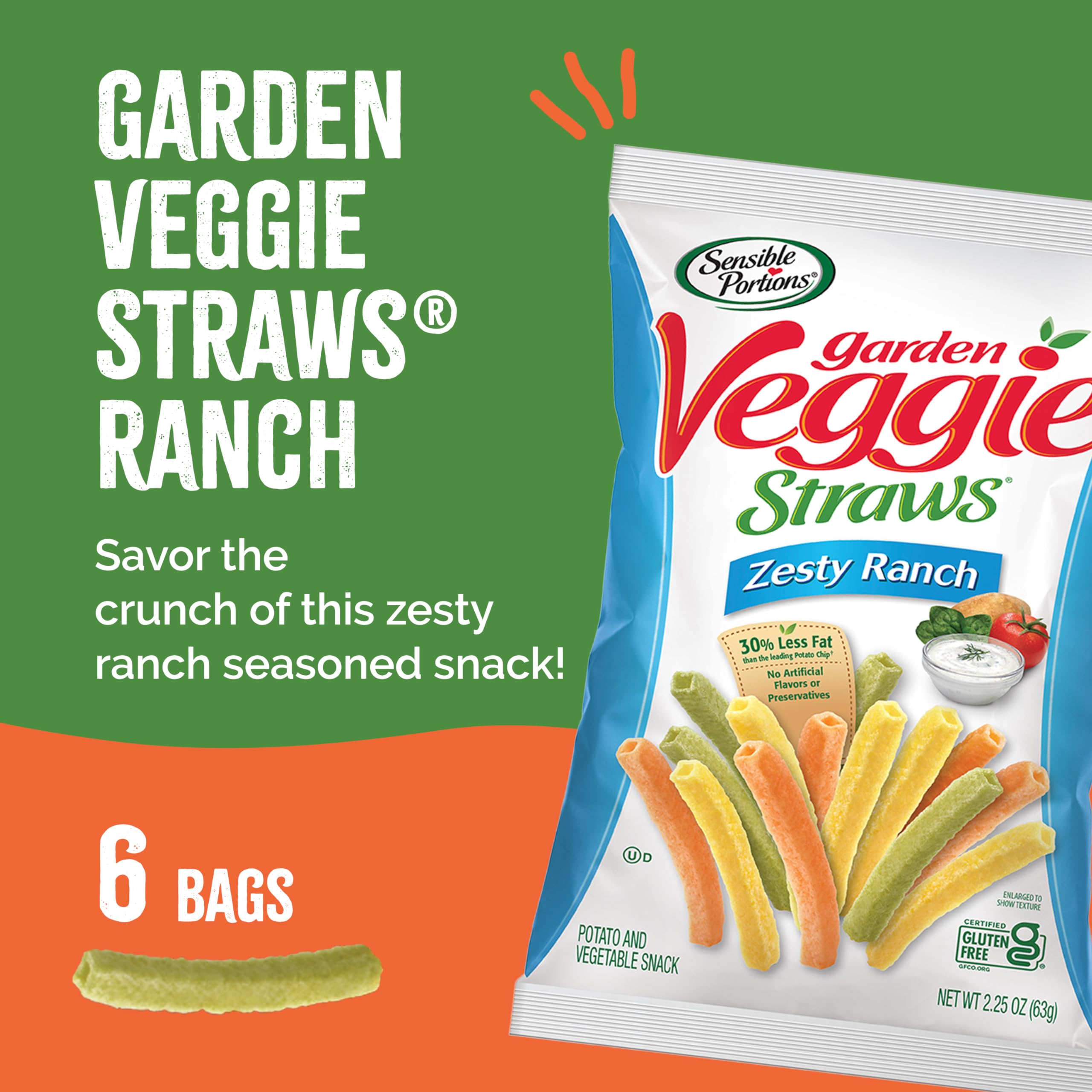 Sensible Portions Veggie Straws Zesty Ranch crisp closeup highlights texture and savory flavor.