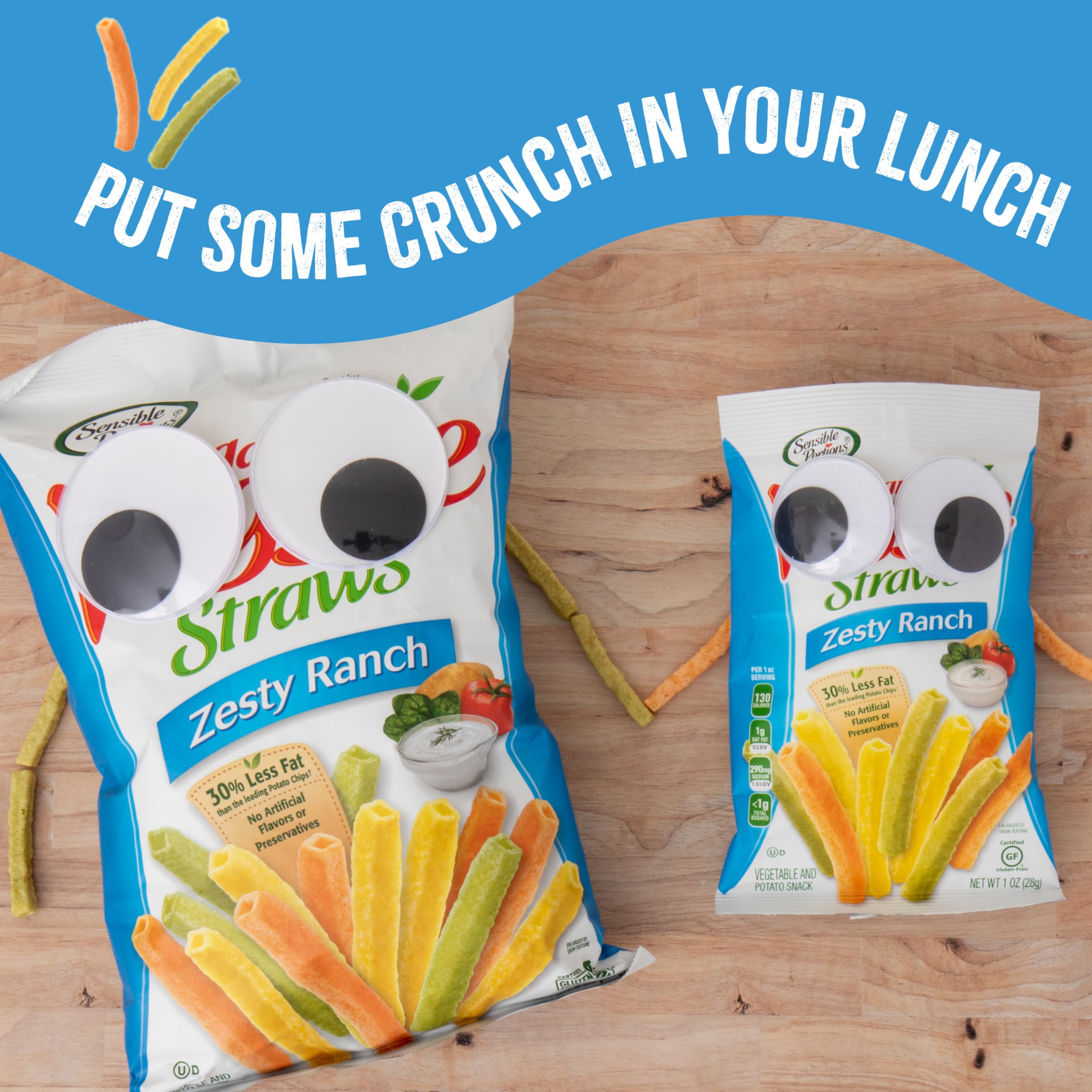 Sensible Portions Veggie Straws Zesty Ranch 6-pack emphasizes convenient, on-the-go packaging.
