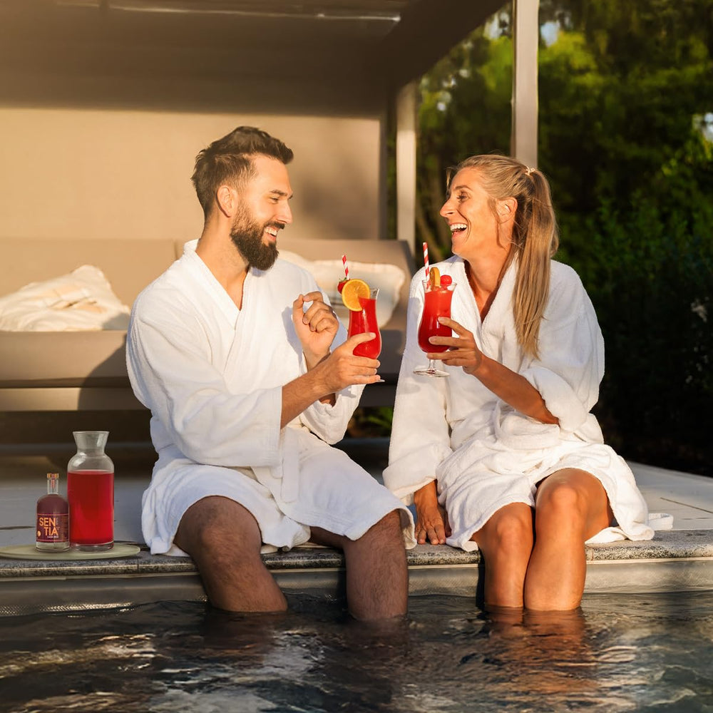 Sentia Gaba Red bottle in evening setting conveys calm social moments