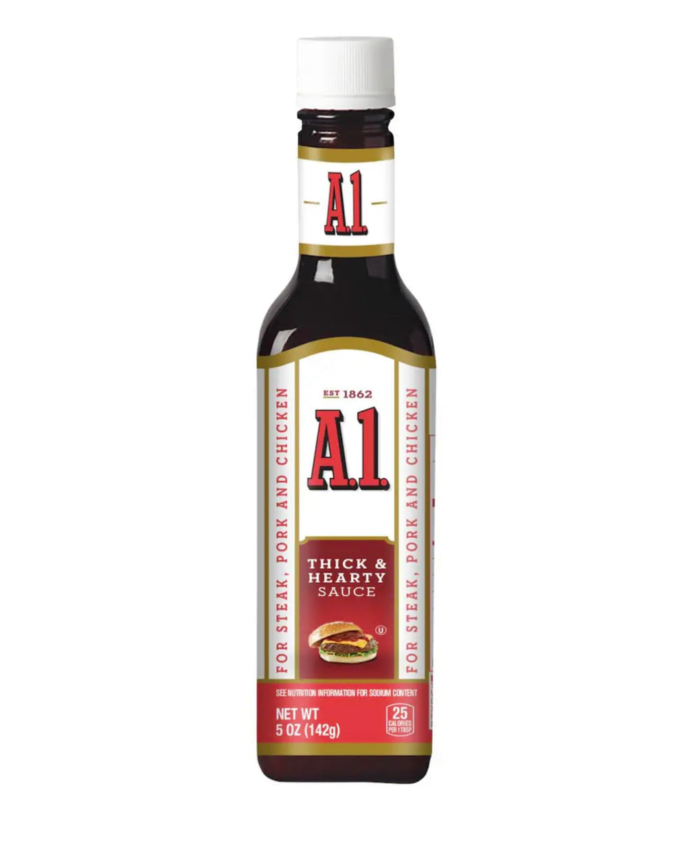 SENTICUM A.1 Thick and Hearty Steak Sauce bottle front elevating grilled steak with bold flavor