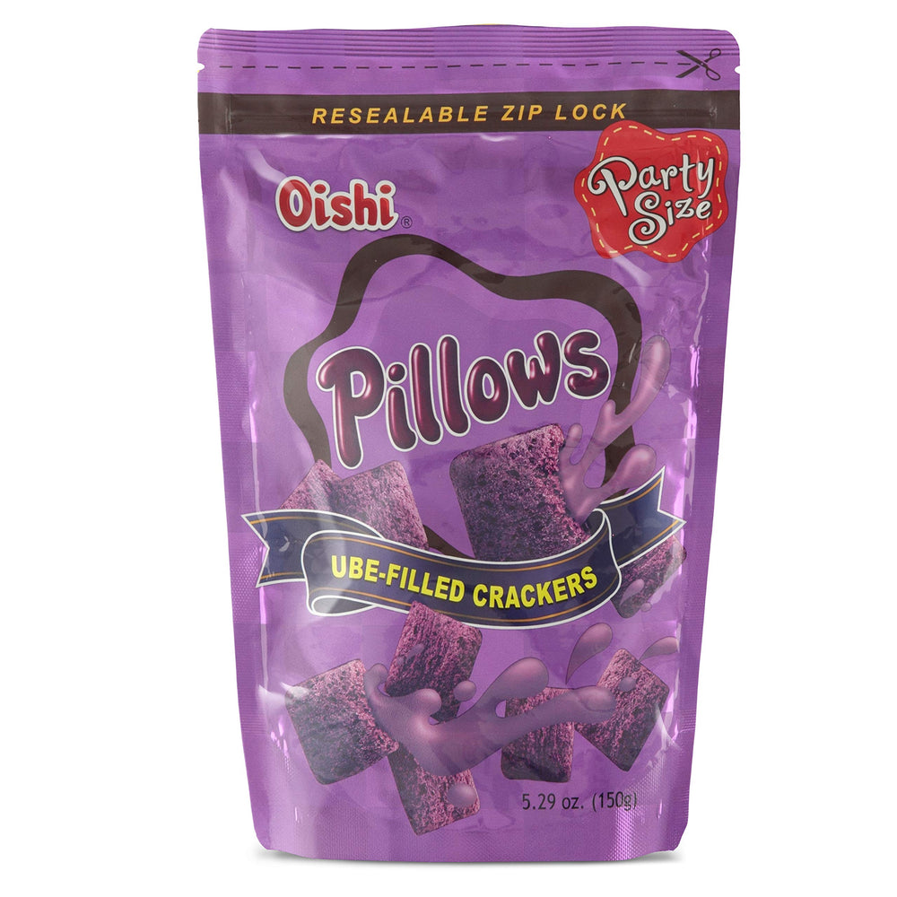 SENTICUM Oishi Pillows Ube Filled Crackers front view, vibrant ube center for a crisp bite