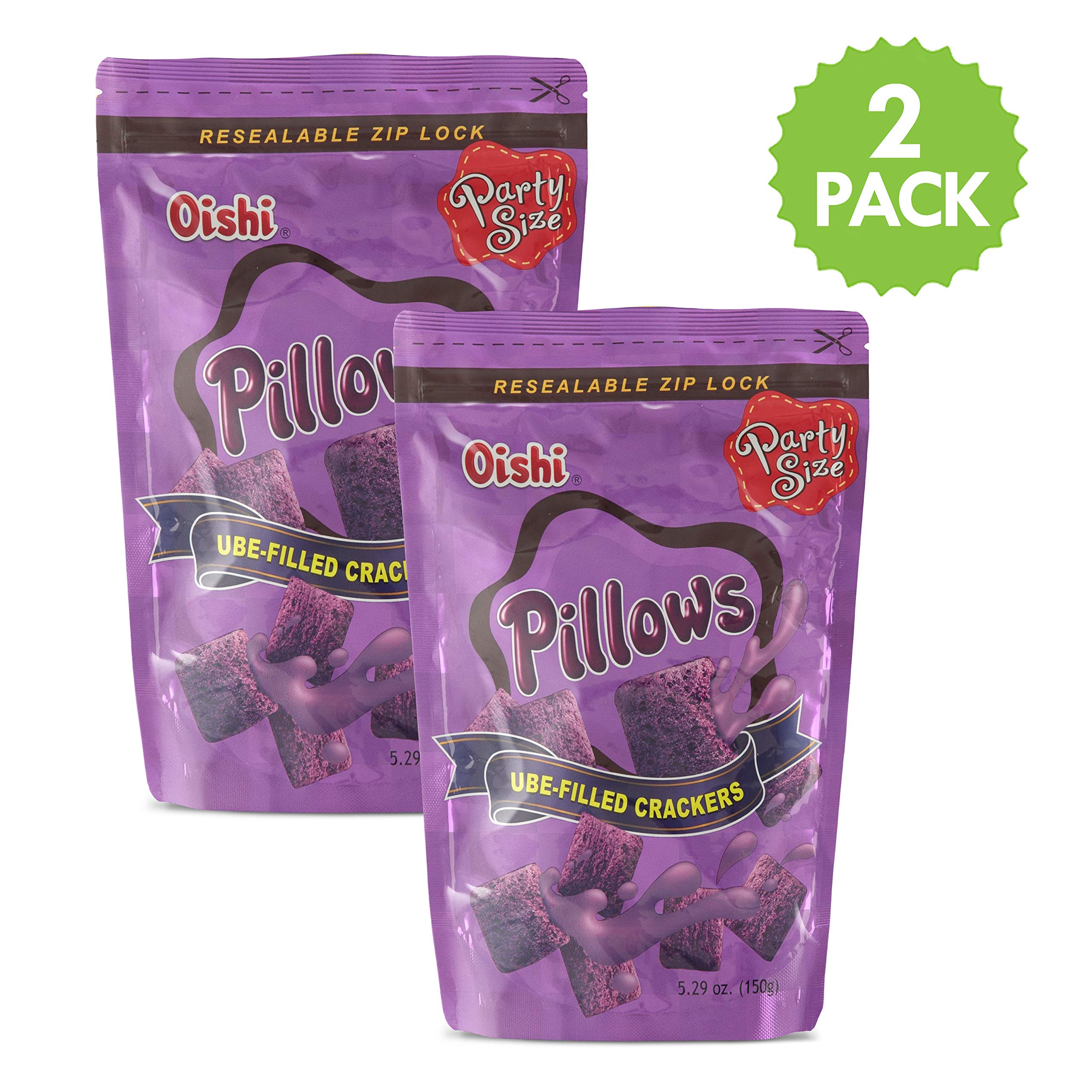 SENTICUM Oishi Pillows Ube Filled Crackers packaging close-up highlighting the two-pack design