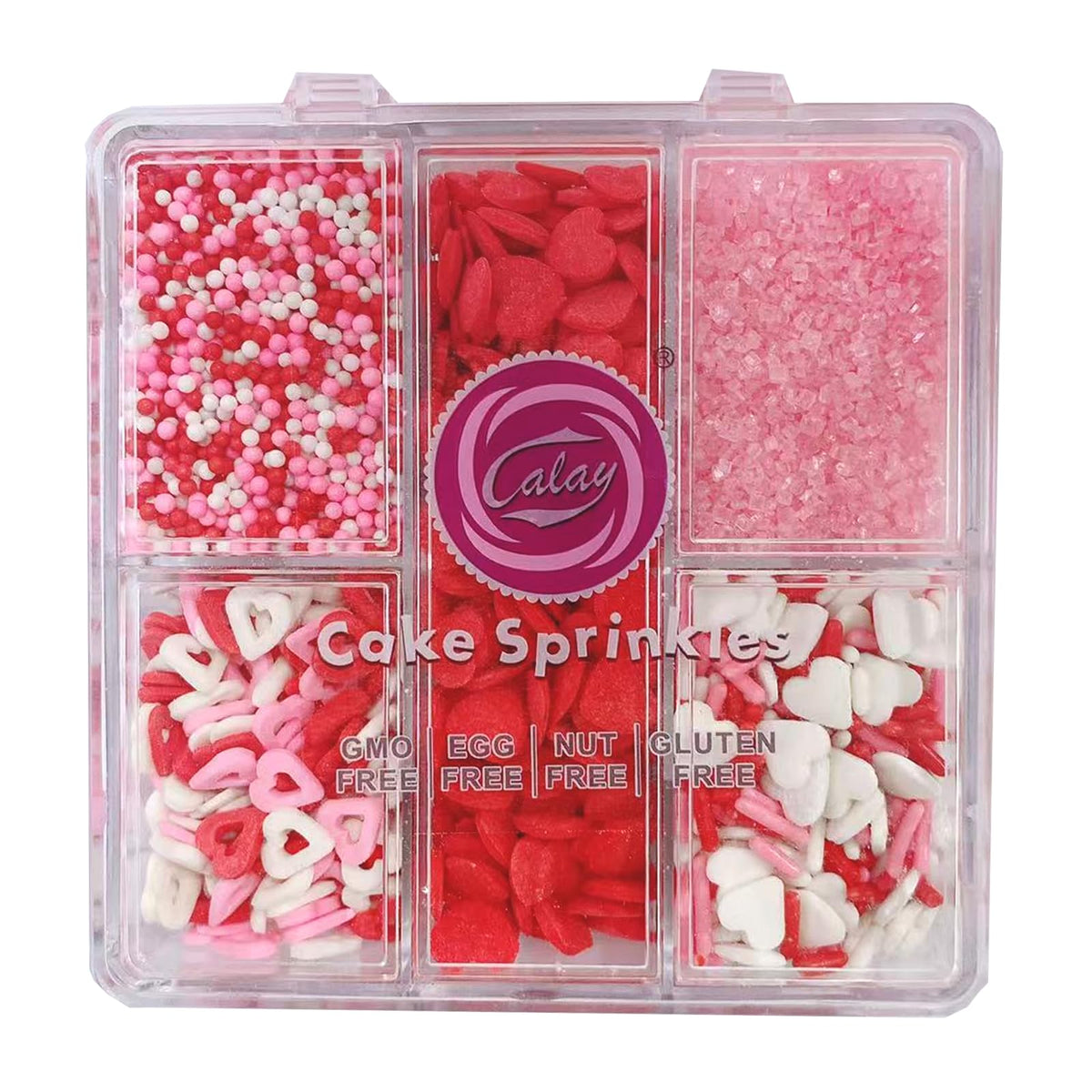 Sentovac Valentine sprinkles heart confetti brighten cakes with festive red, pink, and white accents.