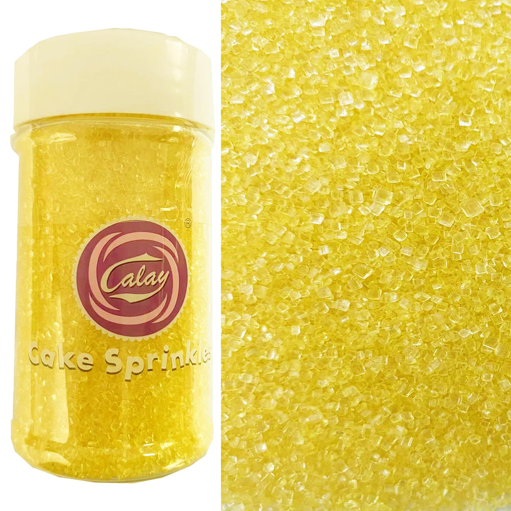 Sentovac yellow sanding sugar bottle closeup showing edible sparkle for bakers.
