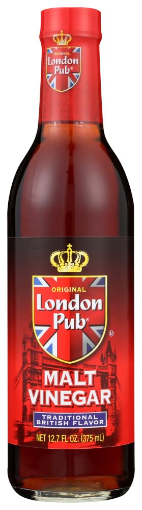 Septhope London Pub Malt Vinegar bottle on kitchen shelf, ideal for fish and chips.