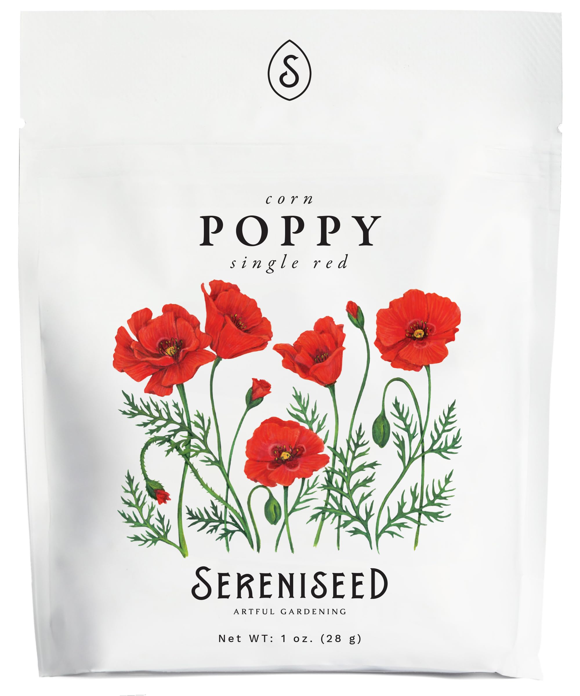 Sereniseed single red corn poppy seeds 1oz seed-pack-shot for planting and culinary use.