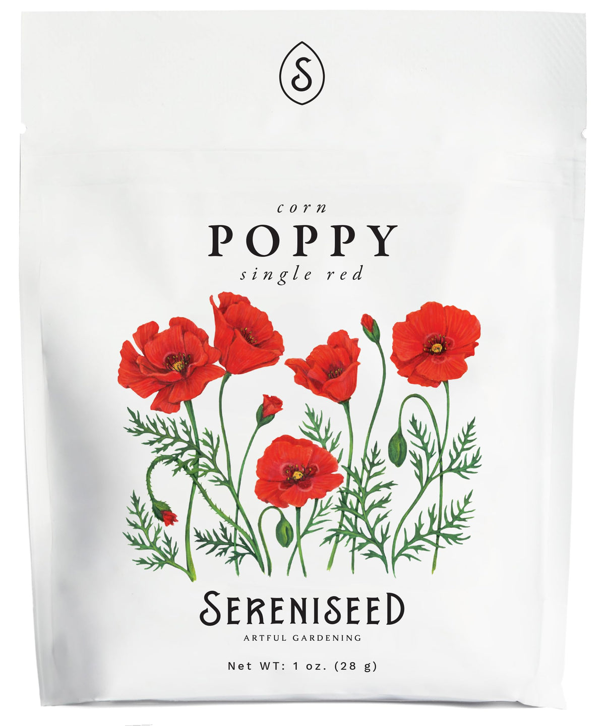 Sereniseed single red corn poppy seeds 1oz seed-pack-shot for planting and culinary use.