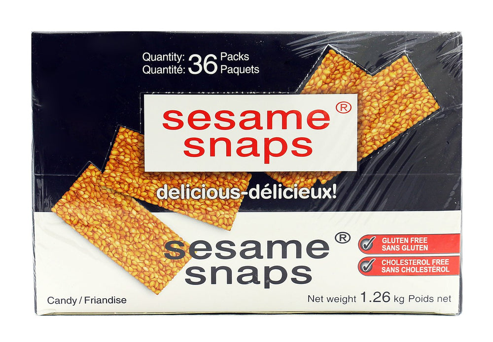 Sesame Snaps 36-pack box ready for grab-and-go snacking.