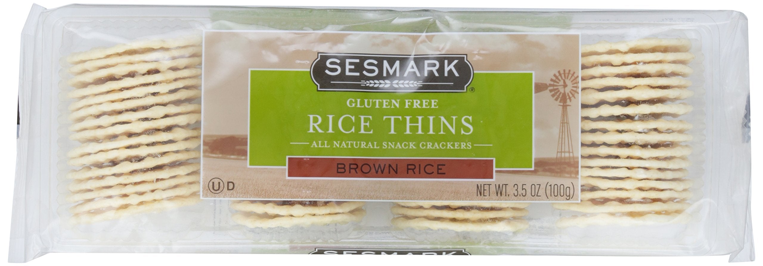 Sesmark Rice Thins brown rice crackers show a crisp bite for on the go.