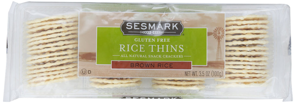 Sesmark Rice Thins brown rice crackers show a crisp bite for on the go.