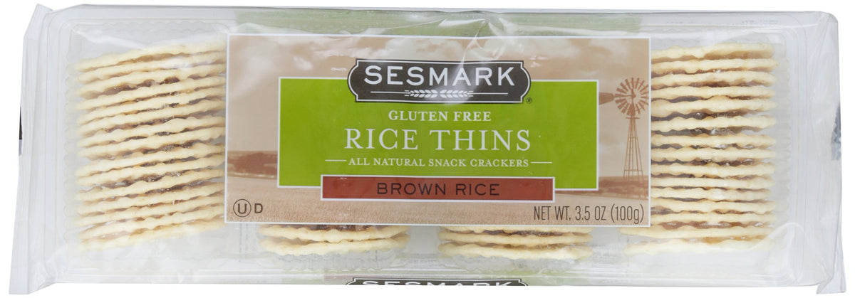 Sesmark Rice Thins brown rice crackers show a crisp bite for on the go.