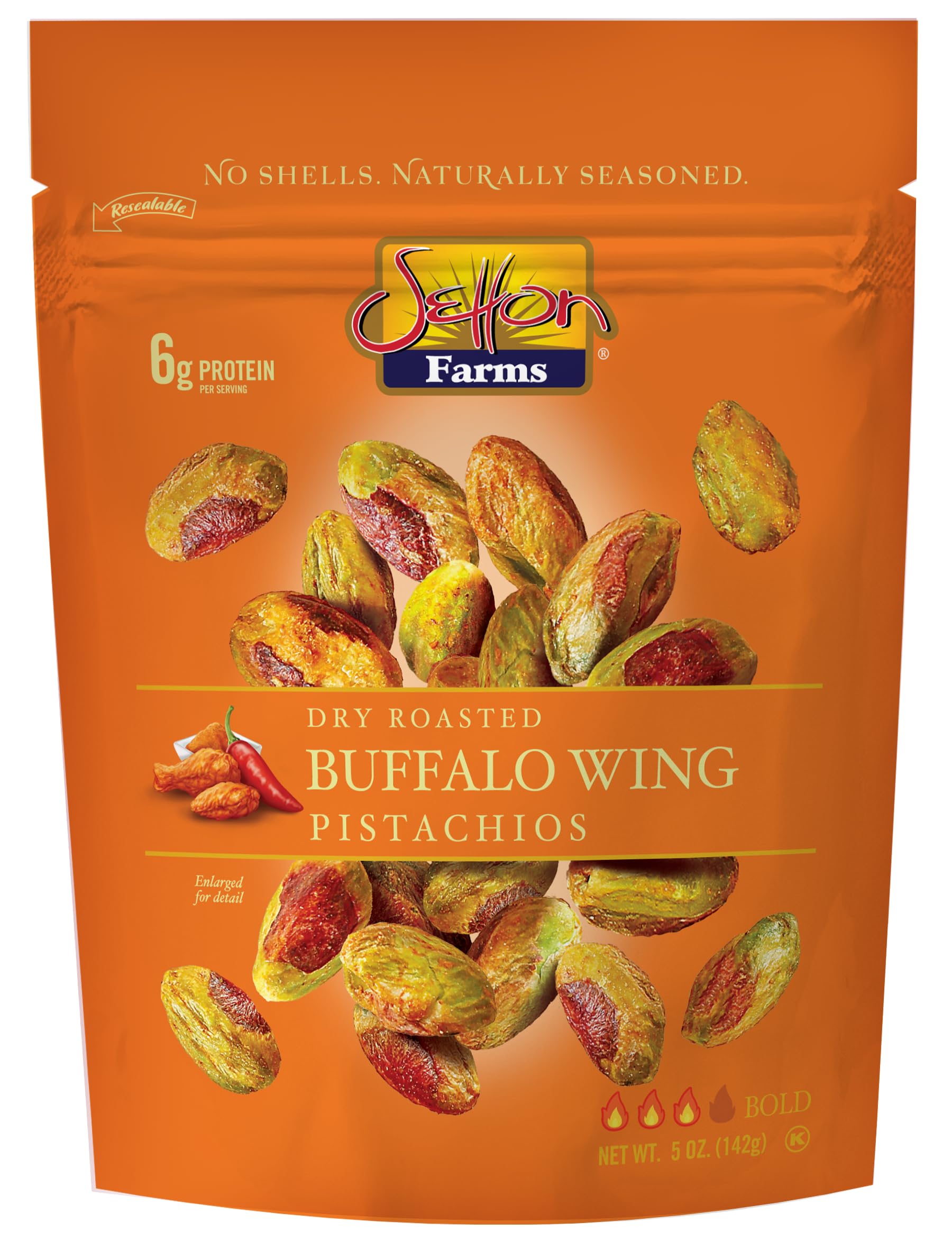 Setton Farms Buffalo Wing pistachios in a resealable bag, ready for snacking.