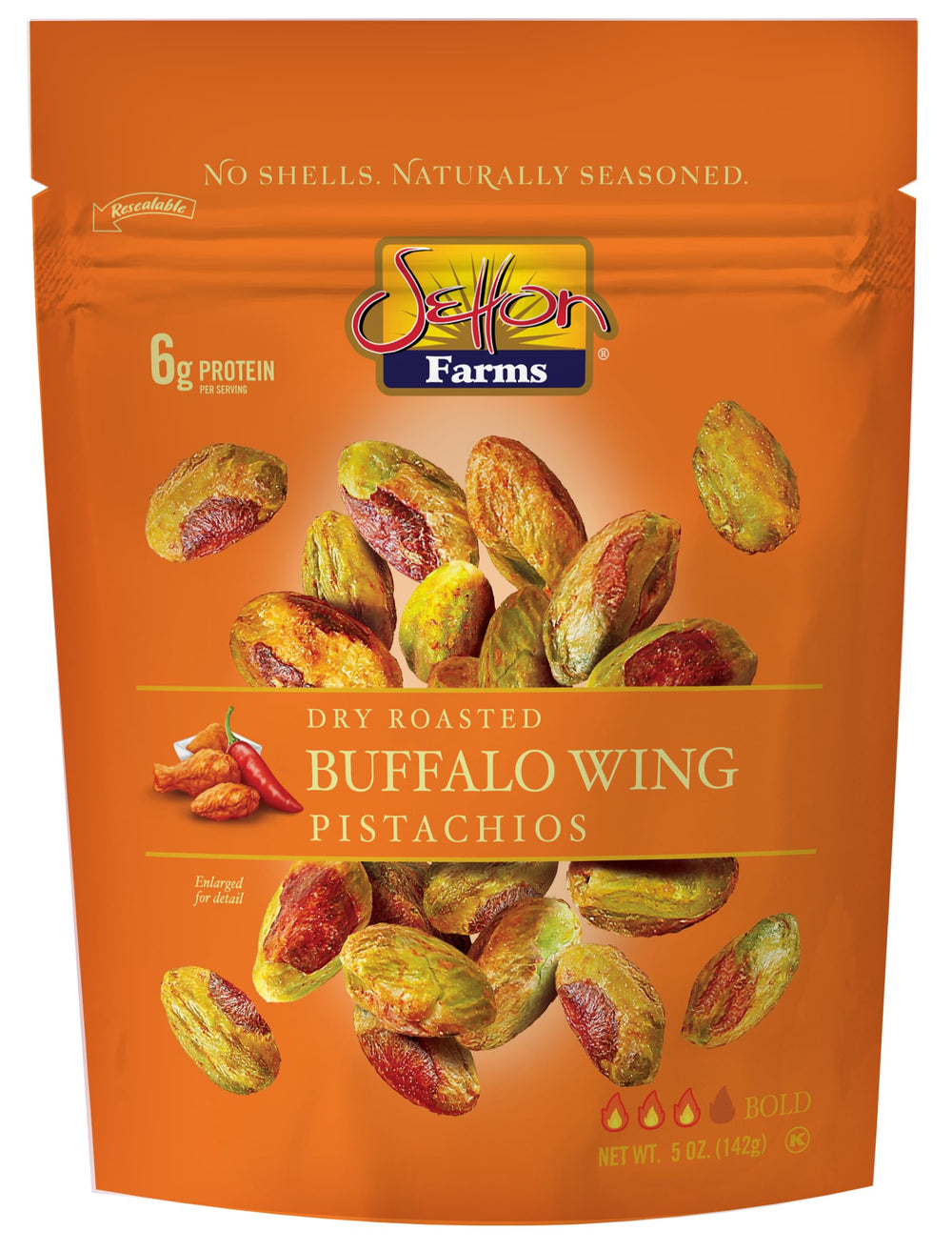 Setton Farms Buffalo Wing pistachios in a resealable bag, ready for snacking.