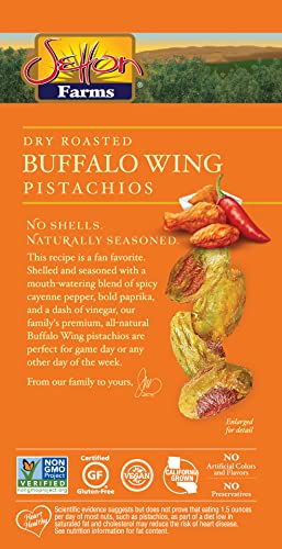 Setton Farms Buffalo Wing pistachios label highlights certifications.