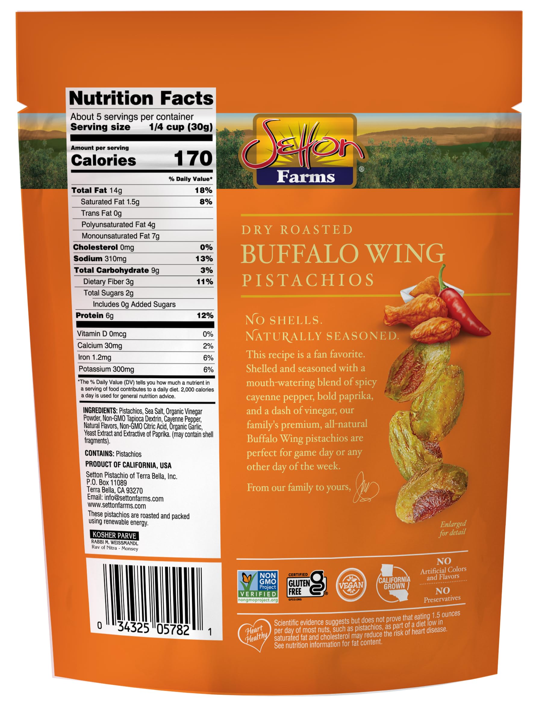 Seasoned Setton Farms Buffalo Wing pistachios in a bowl with bold flavors.
