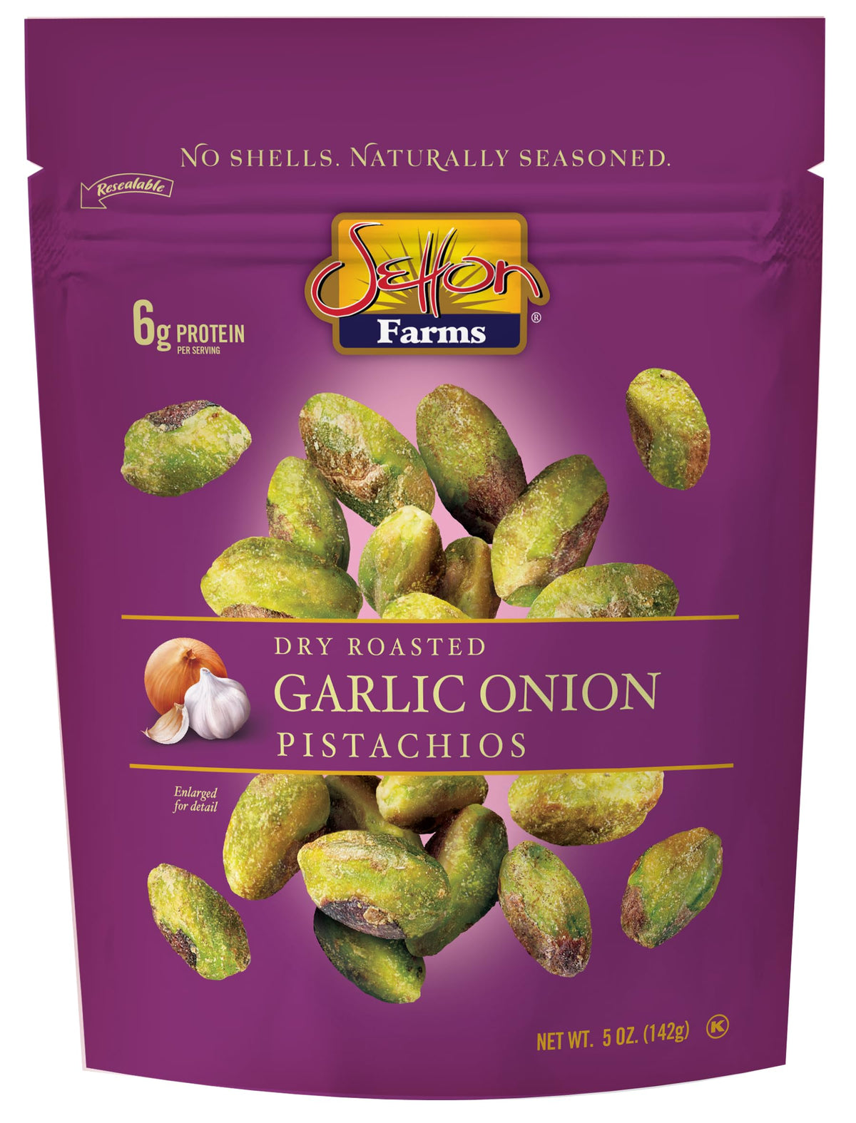 Setton Farms garlic onion pistachios in a resealable pouch for fresh flavor on the go