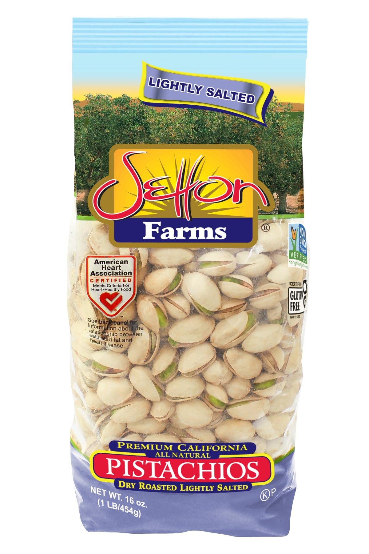 Setton Farms lightly salted pistachios package, ideal for on-the-go snacking.