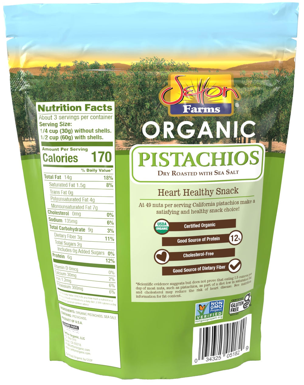 Setton Farms organic pistachios open bag ready to enjoy as a snack or topping