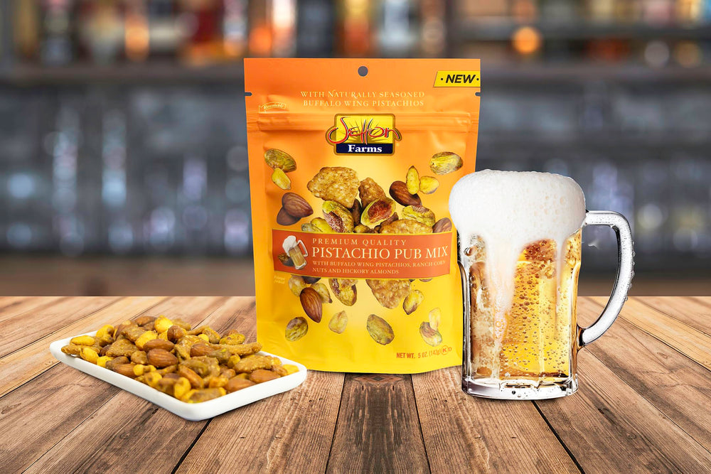 Setton Farms Pistachio Pub Mix honey roasted sesame chips pair with beverages