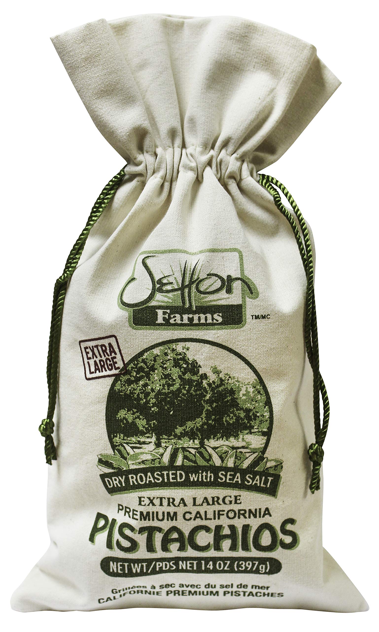 Setton Farms pistachios dry-roasted with sea salt in burlap gift bag, ideal for gifting and snacking.