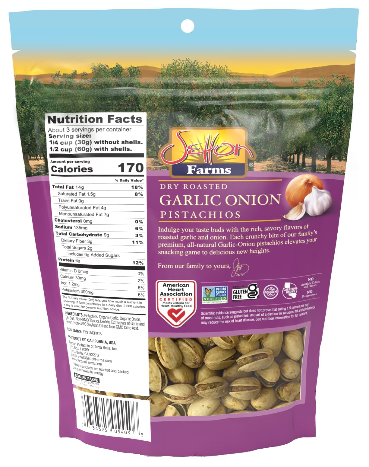 Close-up of garlic onion-seasoned pistachios in-shell from Setton Farms for rich flavor and crunch