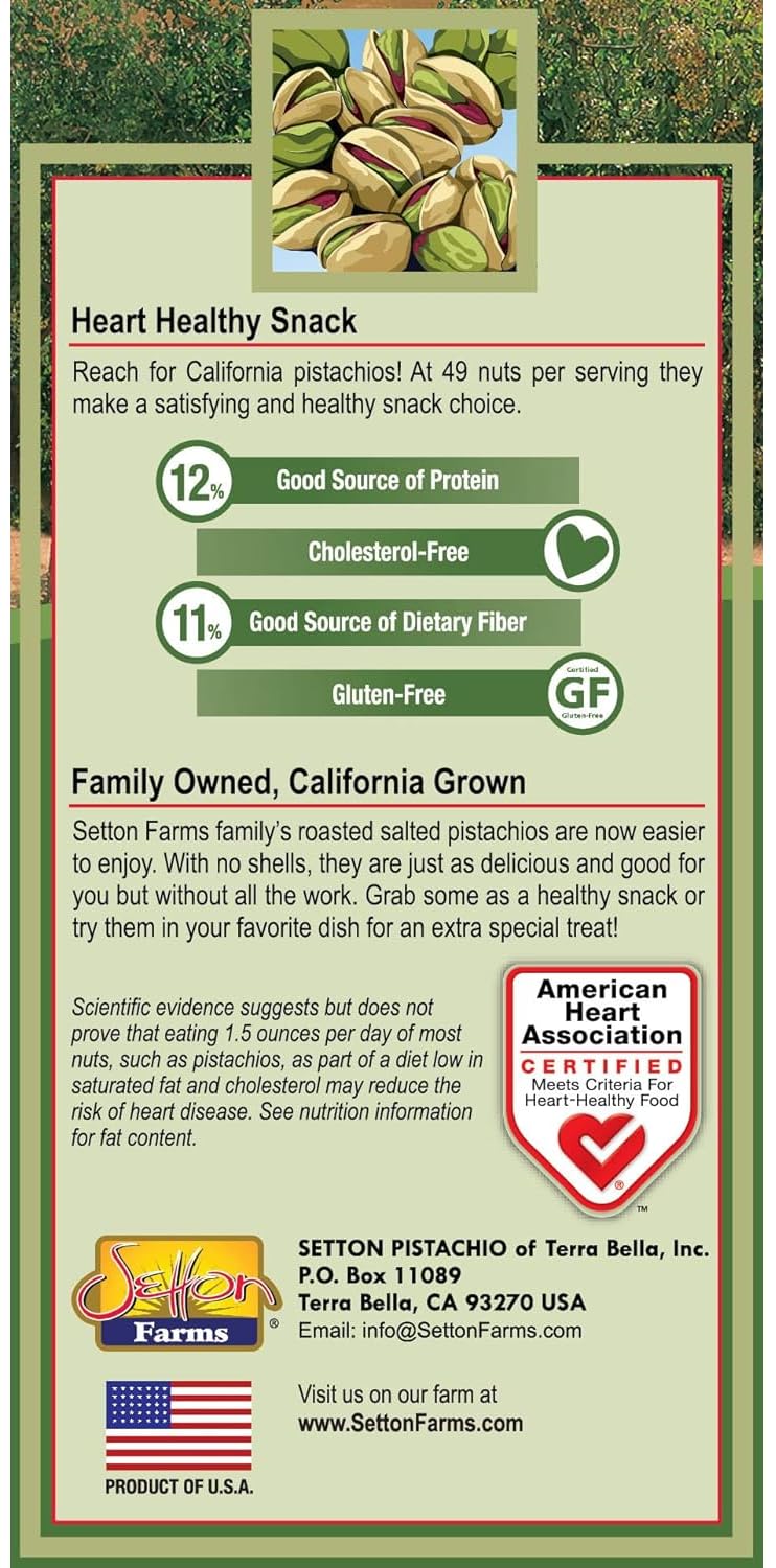 Setton Farms pistachios ingredient panel highlights simple, allergen-friendly snack options.