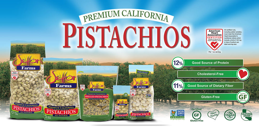 Setton Farms pistachios nutrition facts panel highlights protein per serving.