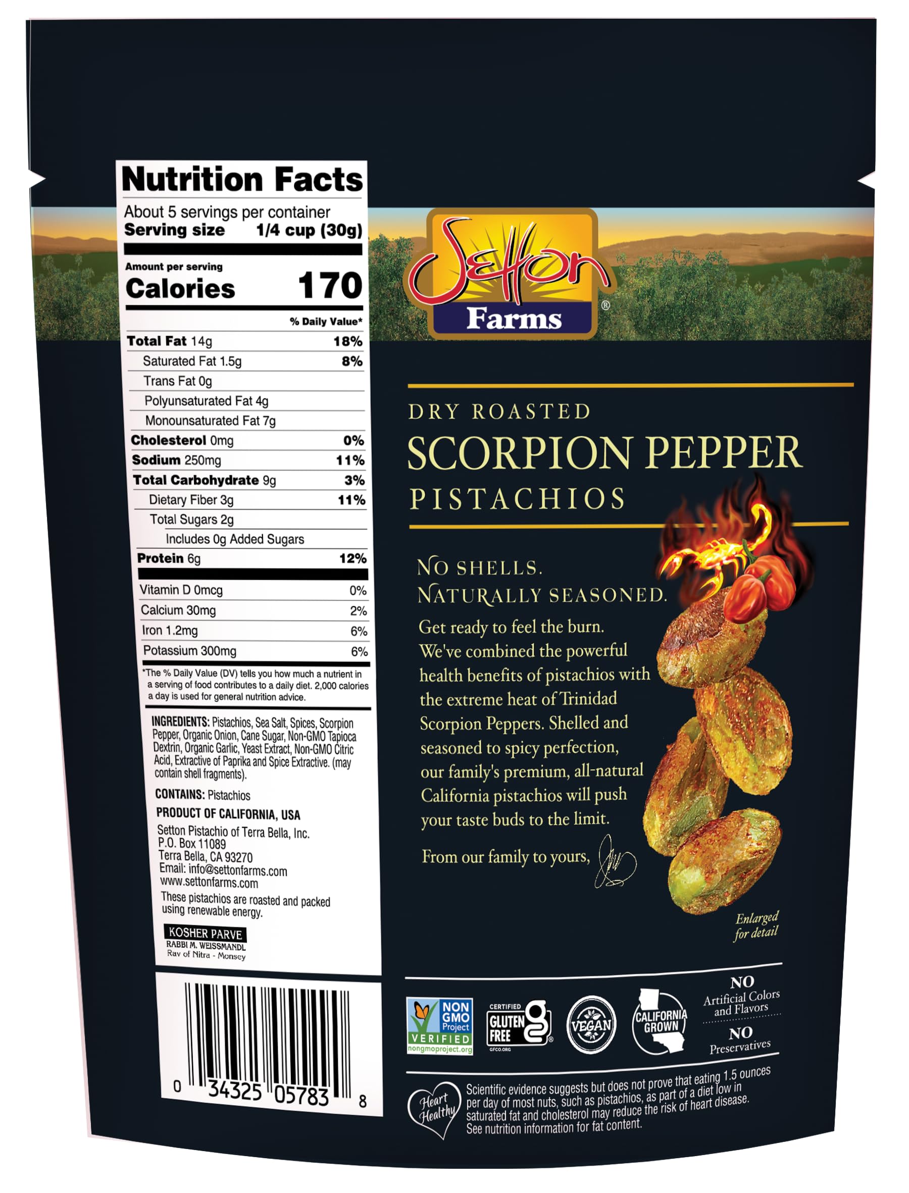 Setton Farms Pistachios Scorpion Extreme packaging highlights spicy flavor