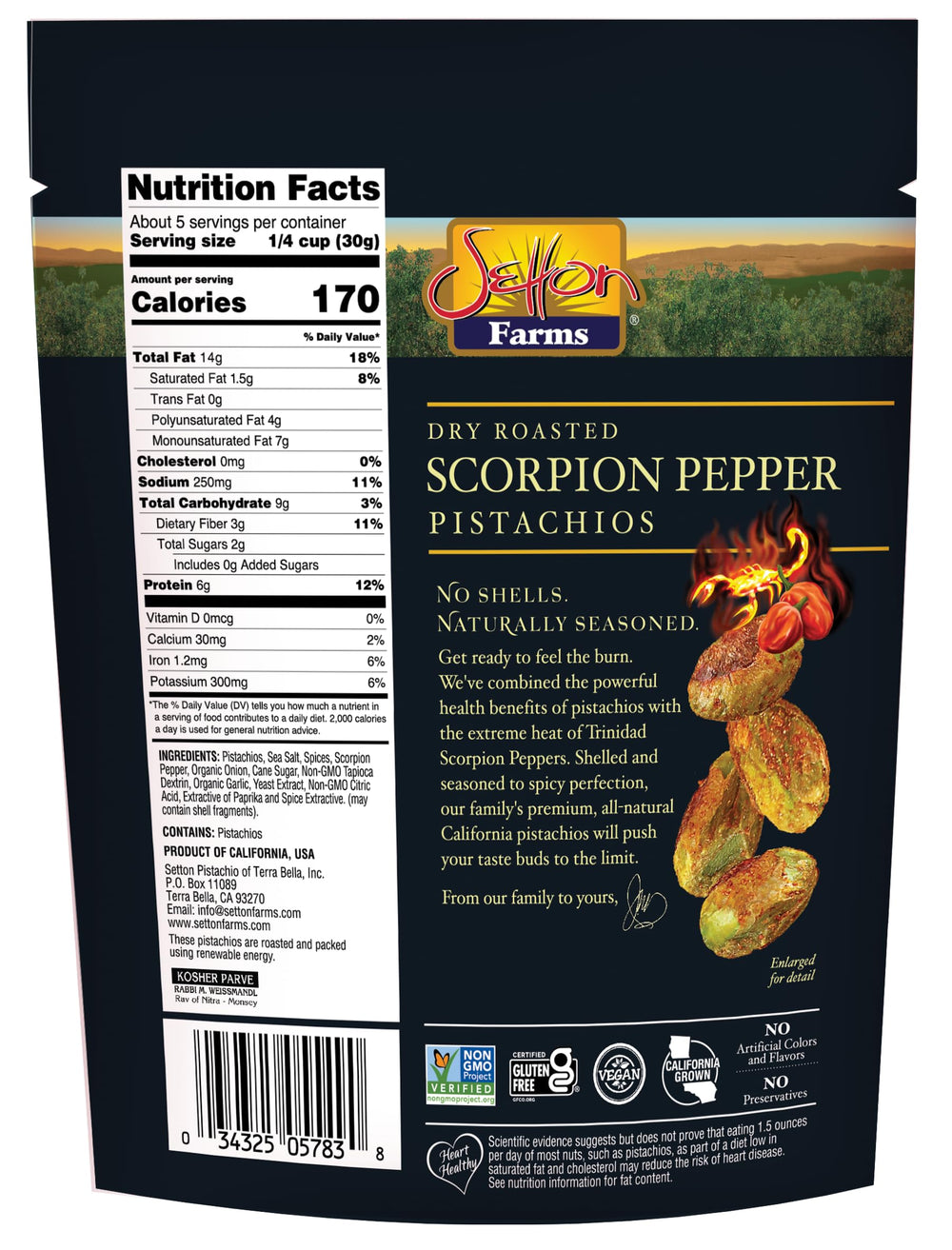 Setton Farms Pistachios Scorpion Extreme packaging highlights spicy flavor