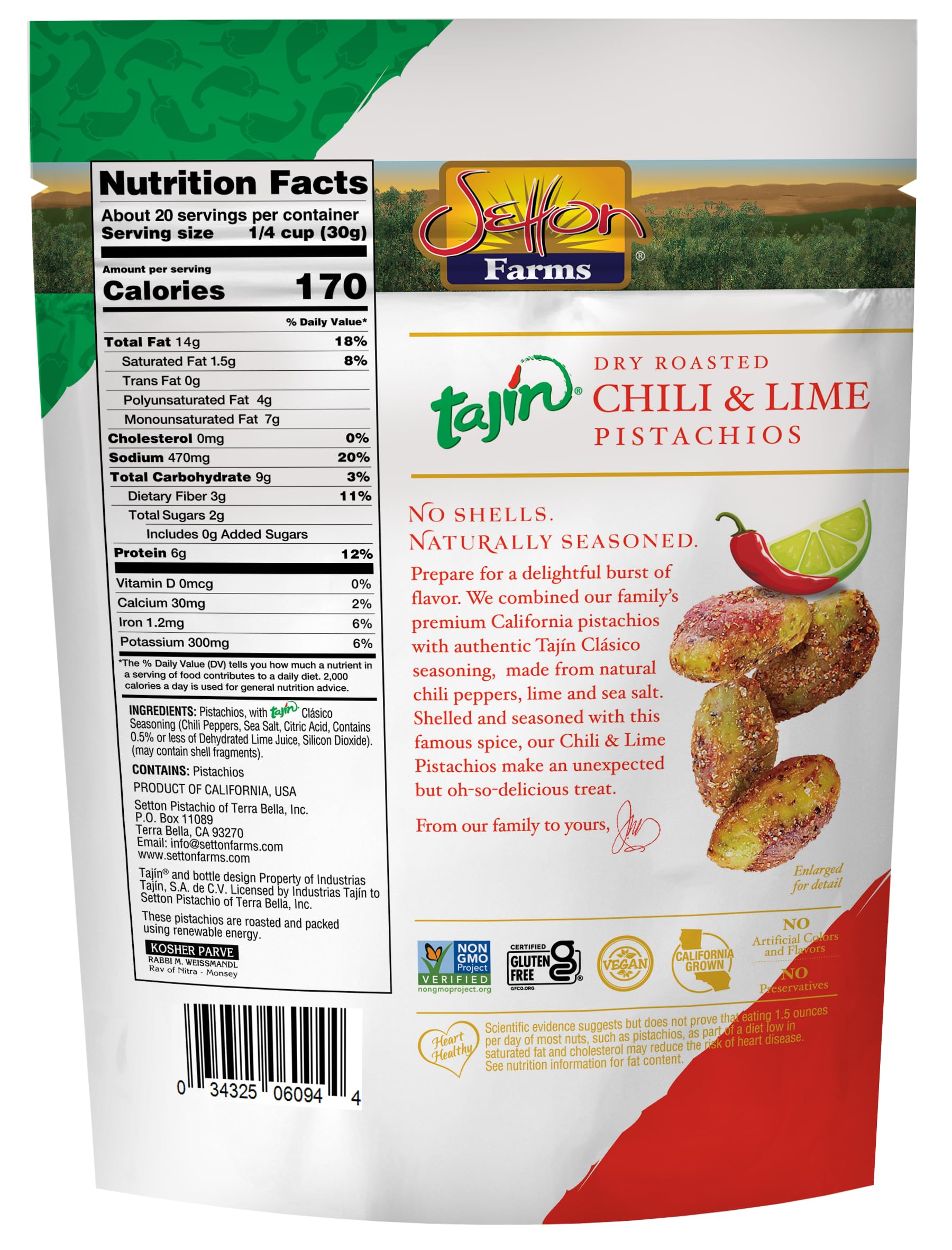 Close-up of Tajin Clasico seasoning on pistachios delivering bold chili-lime flavor.