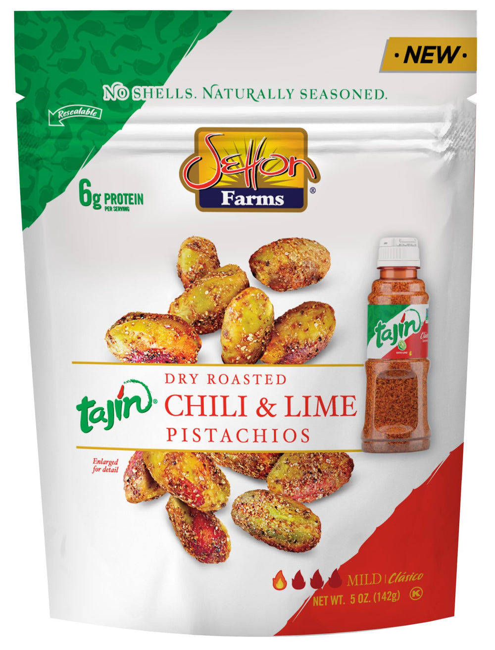 Setton Farms Tajín pistachios, no shells, ideal for on the go snacking with bold flavor.