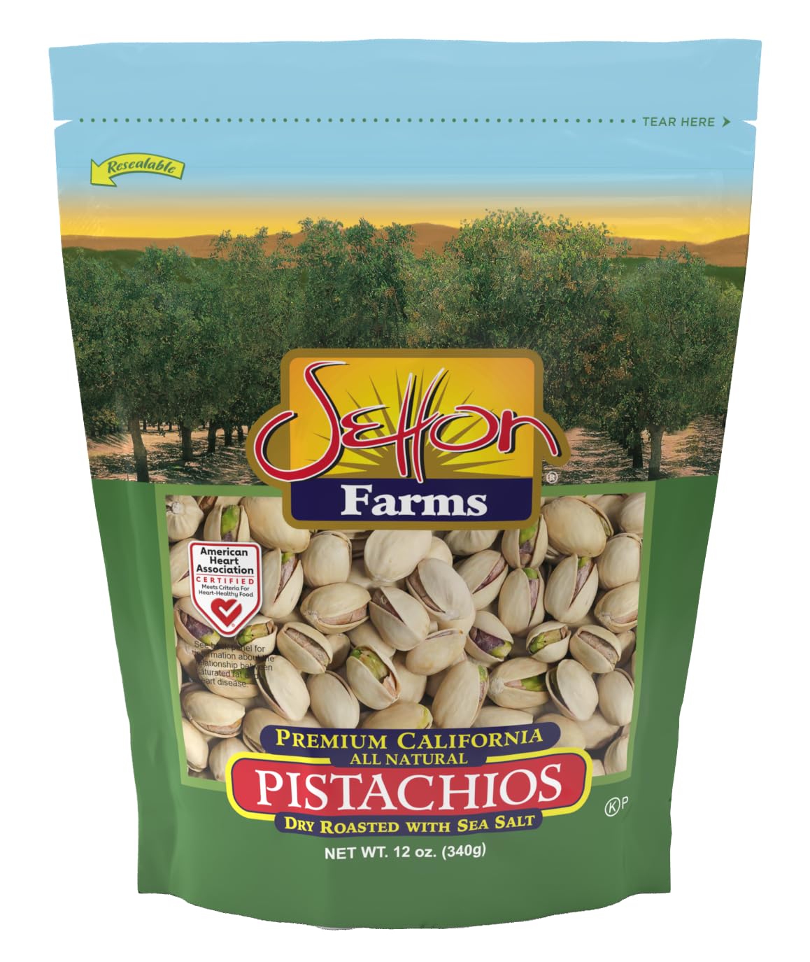 Setton Farms pistachios dry roasted with sea salt in a 12 oz bag, ideal for savory snacking
