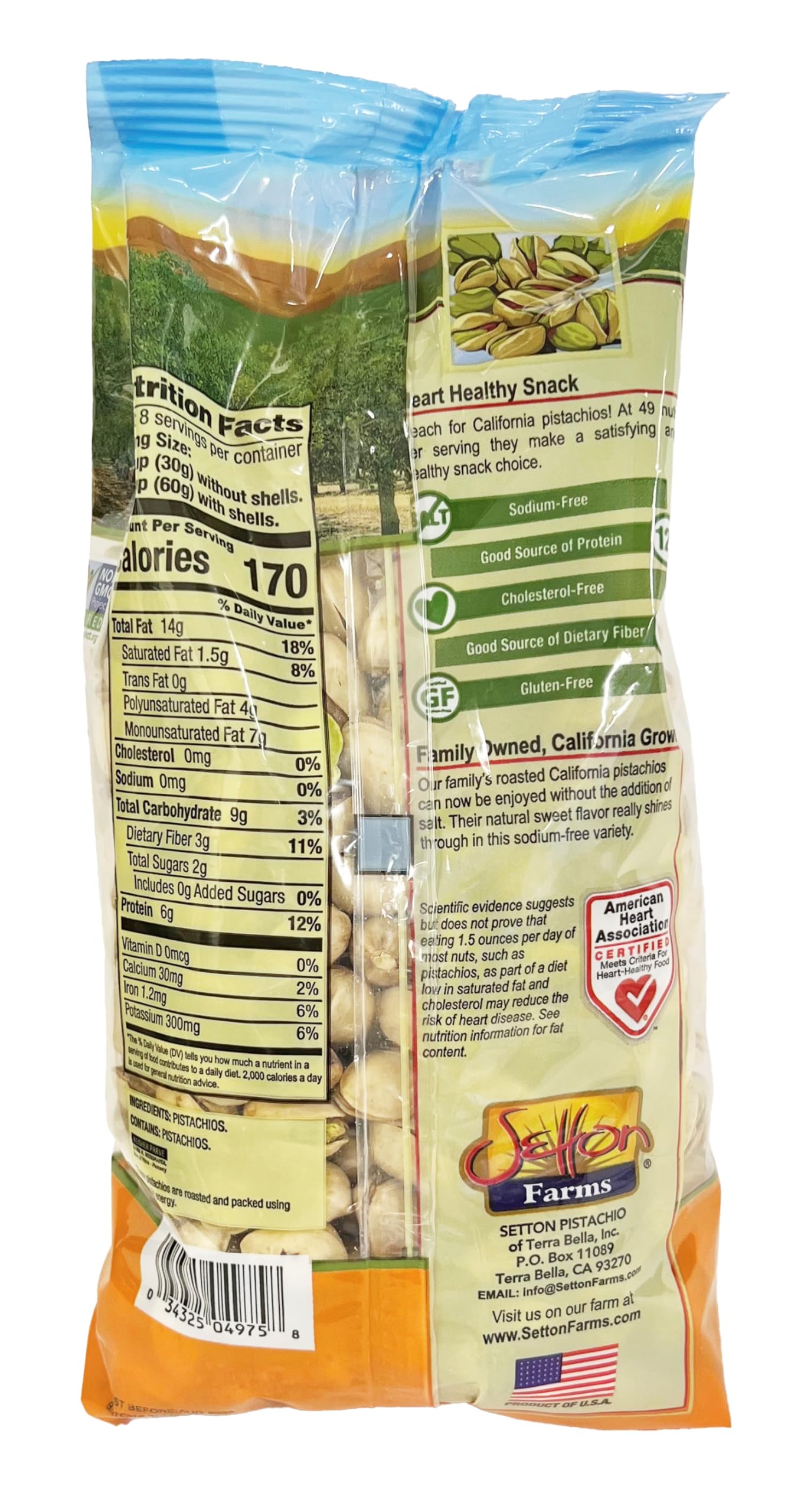 Setton Farms pistachios healthy snack, a source of plant-based protein and fiber.