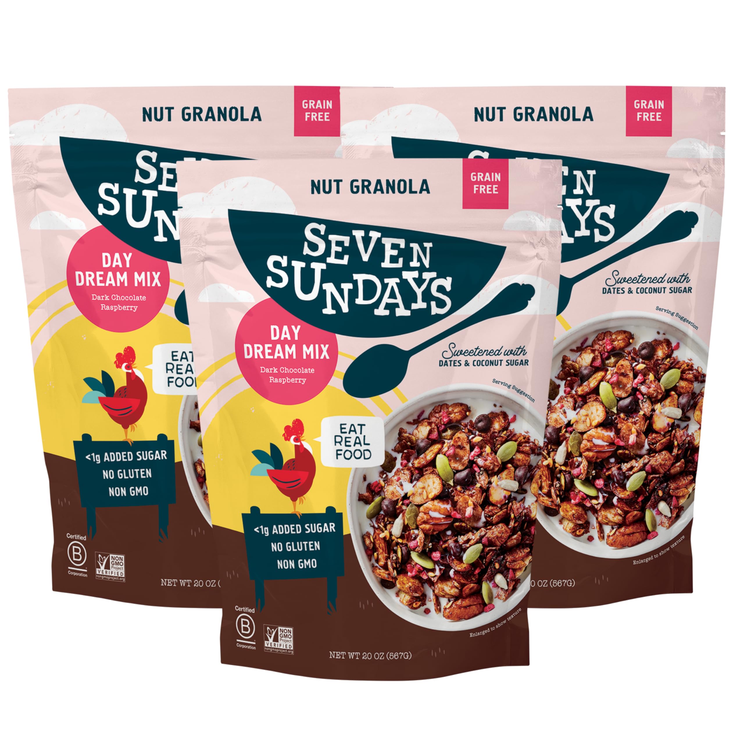 Seven Sundays Day Dream granola bag open with raspberries, gluten-free and keto-friendly.