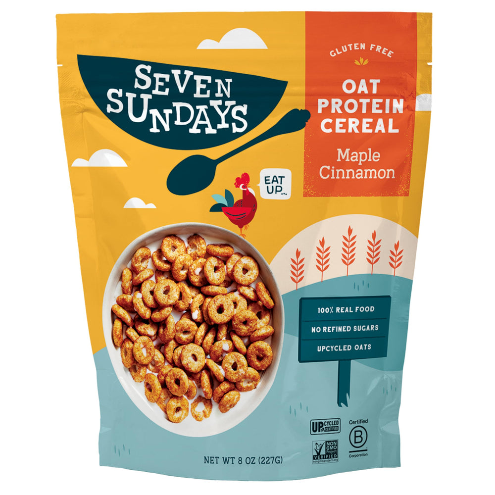 Seven Sundays Oat Protein Maple Cinnamon cereal pack shot highlighting premium ingredients