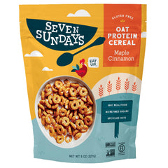 Seven Sundays Oat Protein Maple Cinnamon cereal pack shot highlighting premium ingredients