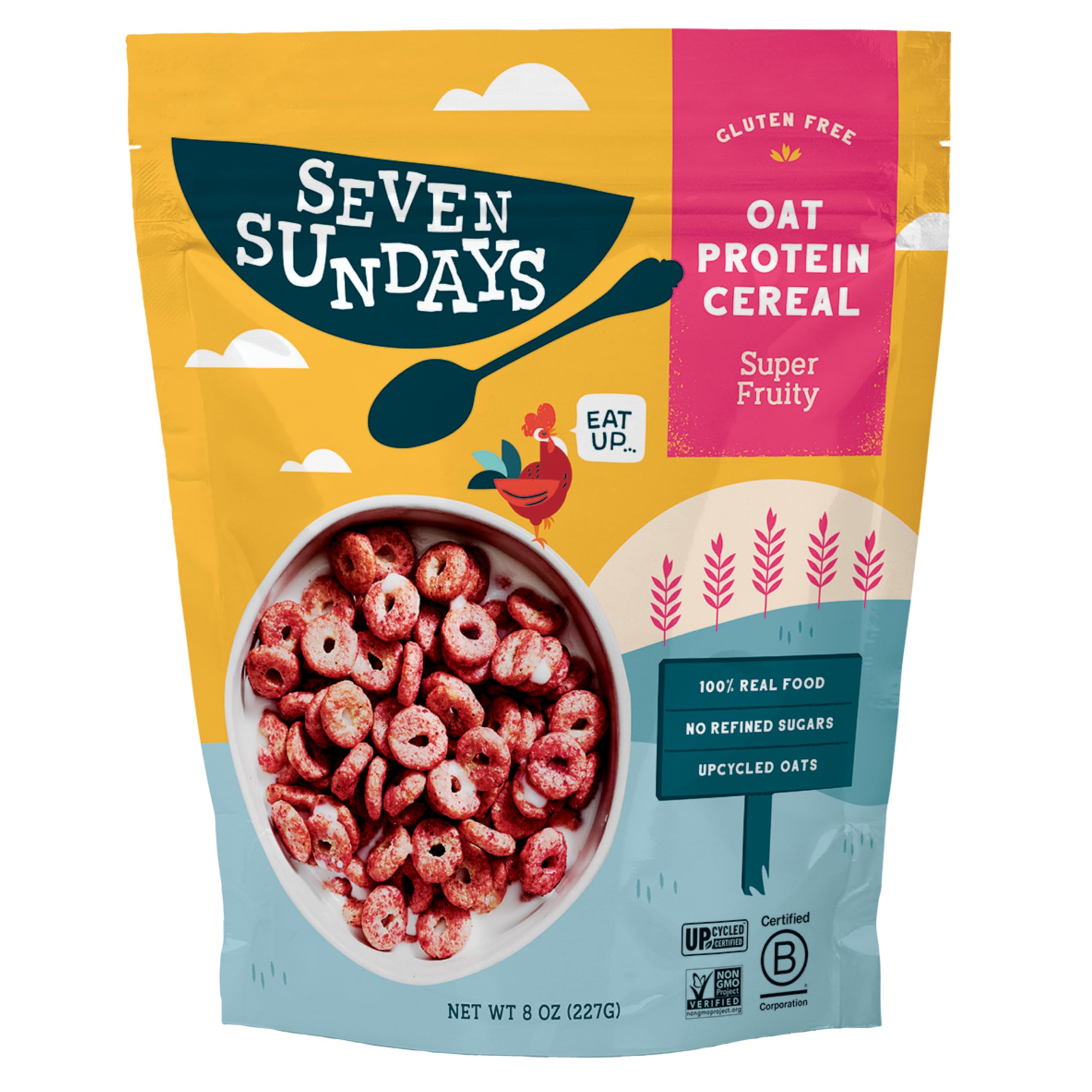 Seven Sundays Oat Super Fruity packshot emphasizes premium ingredients and 8 oz packaging.