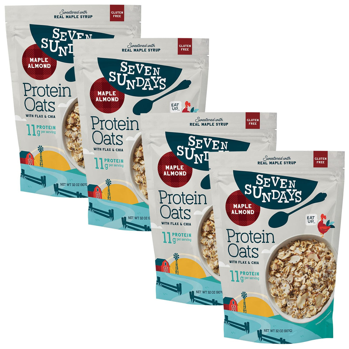 Seven Sundays Protein Oats Maple Almond bag showing gluten-free blend with upcycled protein.