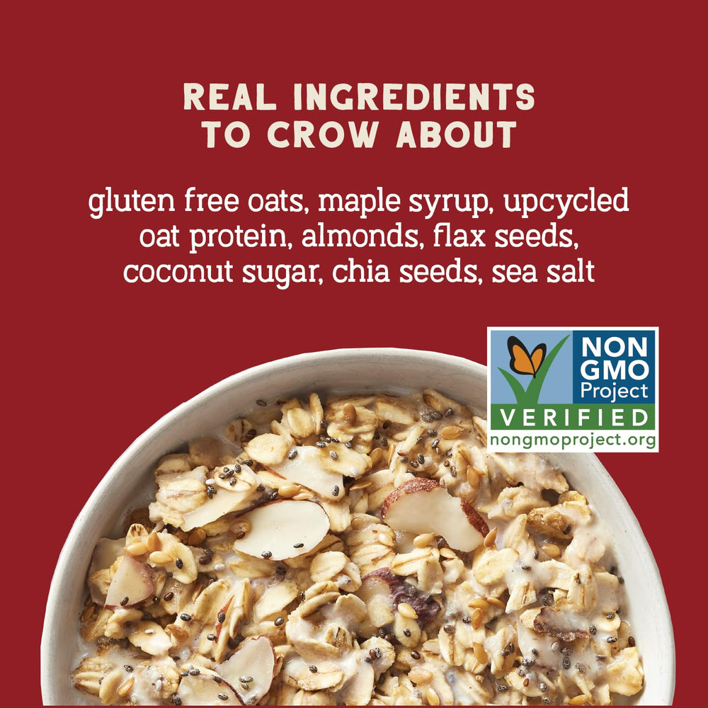 Seven Sundays Protein Oats Maple Almond packaging highlighting vegan, gluten-free nutrition.