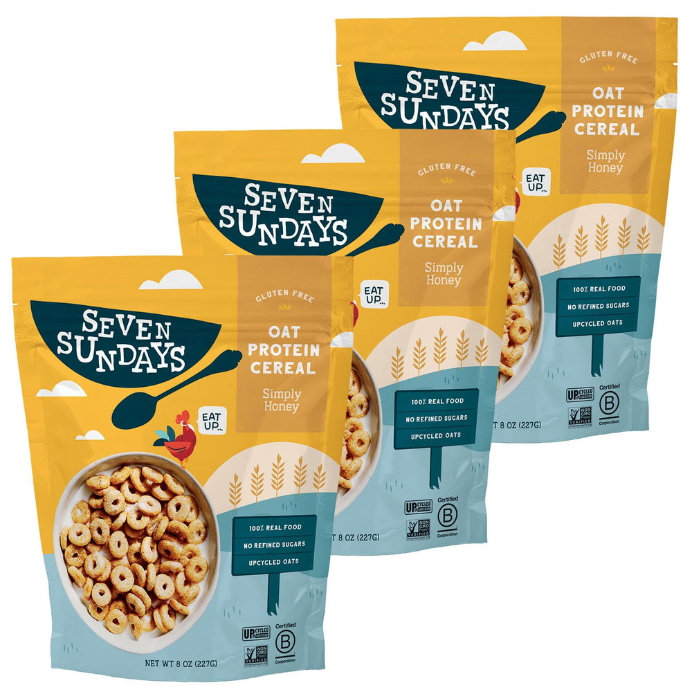 Seven Sundays Simply Honey cereal bowl highlighting oat protein and natural sweetness