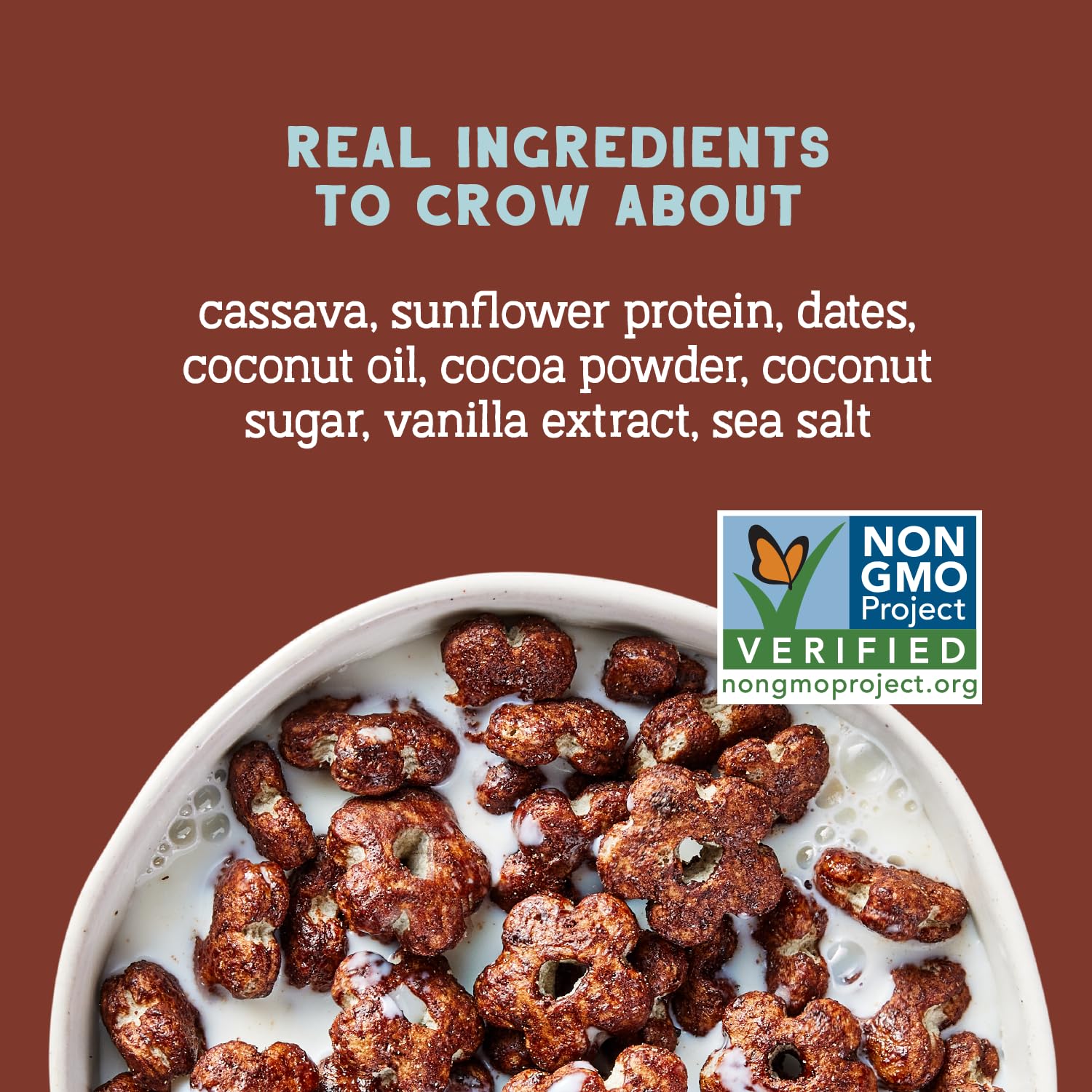 Close-up of Seven Sundays Real Cocoa Sunflower Cereal reveals crunchy texture and cocoa flavor.